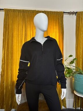 silence + noise Black Zip Sweater with White Stripe Detail